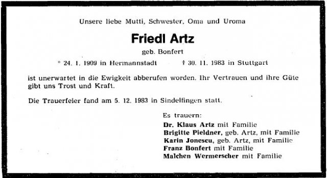 Bonfert Friedl 1909-1983 Todesanzeige